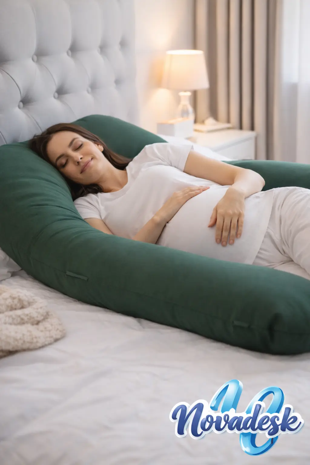 Mujer embarazada usando almohada de maternidad tipo herradura Novadesk